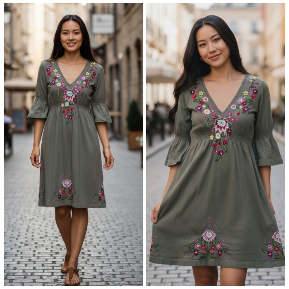 JW Los Angeles Dress Womens Medium Olive Green Boho Floral Embroidered V-Neck